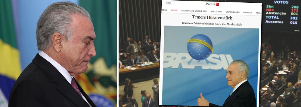 Jornal Frankfurter Allgemeine traz nesta sexta-feira, 4, reportagem em que explica que Michel Temer salvou sua pele na Câmara em um ritual com direito a socos e gritos e manteve o resultado dentro das expectativas; texto destaca a explícita compra de votos de deputados por meio de liberação de emendas parlamentares; "Isto não é ilegal, mas um componente central do sistema de jogo político parlamentar no Brasil - e não só lá", diz o texto, assinado pelo correspondente Matthias Rüb; em outro texto, o jornal fala que a continuidade de Temer significa que prossegue a mesma casta política envolvida em corrupção