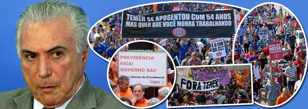 Os 35 milhões de brasileiros que aderiram à greve geral da última sexta-feira, contra as reformas trabalhista e previdenciária, obtiveram uma vitória importantíssima; sem votos, a base de Michel Temer decidiu adiar indefinidamente a votação do relatório sobre a previdência no plenário – embora a votação prossiga na comissão – segundo informa a agência Reuters; no último fim de semana, o instituto Datafolha revelou que 85% dos brasileiros querem a saída imediata de Temer, com a convocação de eleições diretas, e que sete em cada dez brasileiros são contra a reforma da previdência; Temer chegou a usar a máquina pública, demitindo comissionados indicados por deputados infiéis, mas perdeu a batalha; sem as reformas, Temer perde completamente a utilidade para as forças golpistas 