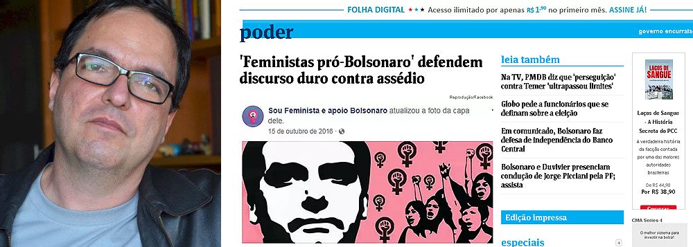 Cientista político comenta reportagem de um terço de página do jornal dedicada às "feministas por Bolsonaro" e esclarece: "Quem são essas 'feministas por Bolsonaro'? Ninguém. Uma página de facebook que se dedica, em geral, a atacar o feminismo"; "A Folha, que se empenha tanto em alertar sobre os perigos das fake news, podia começar se olhando no espelho", critica