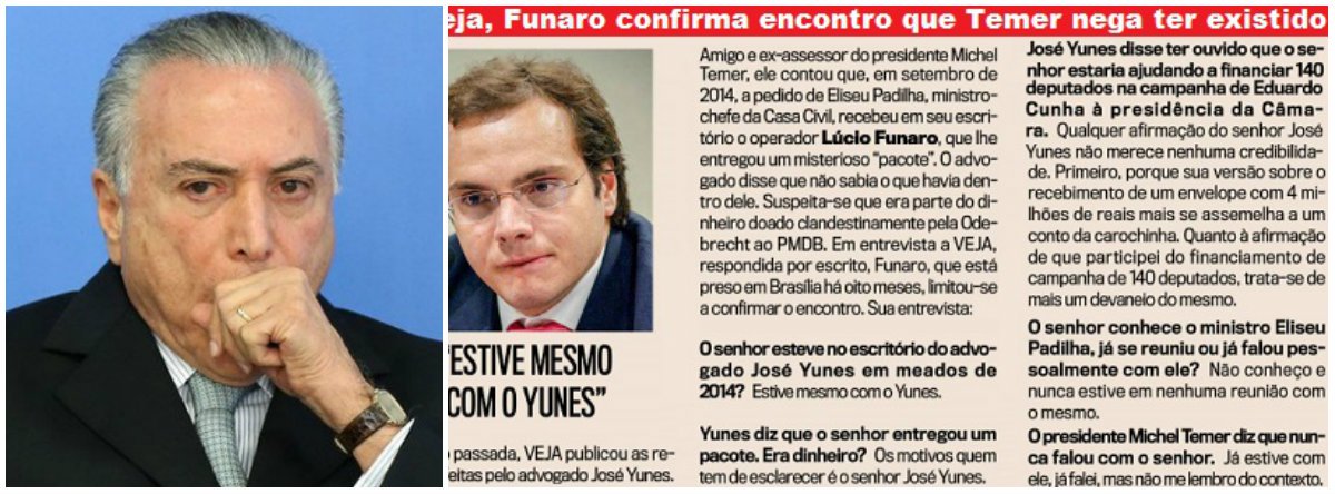 Jornalista Fernando Brito, do Tijolaço, avalia que a declaração publicada em Veja do corretor Lúcio Bolonha Funaro sobre José Yunes, amigo e ex-assessor de Michel Temer, "mostra que virá chumbo grosso na inevitável acareação entre o 'mala de Cunha' e o 'mula' do Temer", em referência a Funaro e a Yunes, respectivamente; "Depois da perda de Geddel Vieira Lima e de Eliseu Padilha, tem problemas agora também com Sandro Mabel, que pediu para sair do que resta da articulação política, diz o Estadão", acrescenta o blogueiro; "Como diz o samba, não fica um, meu irmão…"