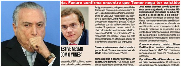 Jornalista Fernando Brito, do Tijolaço, avalia que a declaração publicada em Veja do corretor Lúcio Bolonha Funaro sobre José Yunes, amigo e ex-assessor de Michel Temer, "mostra que virá chumbo grosso na inevitável acareação entre o 'mala de Cunha' e o 'mula' do Temer", em referência a Funaro e a Yunes, respectivamente; "Depois da perda de Geddel Vieira Lima e de Eliseu Padilha, tem problemas agora também com Sandro Mabel, que pediu para sair do que resta da articulação política, diz o Estadão", acrescenta o blogueiro; "Como diz o samba, não fica um, meu irmão…"