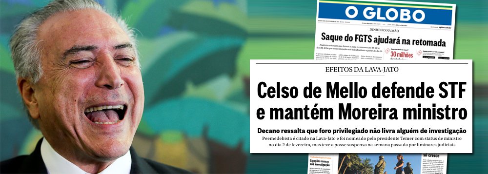 Nem na ditadura militar, apoiada pelo Globo, a família Marinho foi tão governista como agora; um dia depois da maior queda do comércio em 15 anos, jornal O Globo mancheta "a retomada" que virá com saques do FGTS e destaca ainda como o Supremo Tribunal Federal foi defendido pelo decano Celso de Mello, na decisão que blindou Moreira Franco; detalhe: O Globo foi censurado a mando do Palácio do Planalto, mas nem liga, pois o maior risco para a casa é a implosão do novo golpe que apoiou