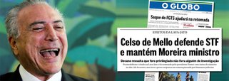 Nem na ditadura militar, apoiada pelo Globo, a família Marinho foi tão governista como agora; um dia depois da maior queda do comércio em 15 anos, jornal O Globo mancheta "a retomada" que virá com saques do FGTS e destaca ainda como o Supremo Tribunal Federal foi defendido pelo decano Celso de Mello, na decisão que blindou Moreira Franco; detalhe: O Globo foi censurado a mando do Palácio do Planalto, mas nem liga, pois o maior risco para a casa é a implosão do novo golpe que apoiou