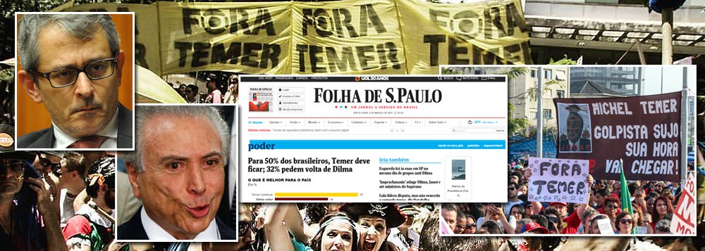 Em julho do ano passado, quando Michel Temer ainda era interino, e poderia ter sido barrado pelo Senado, a Folha, de Otávio Frias Filho, distorceu uma pesquisa do próprio Datafolha, que apontava que 63% dos brasileiros queriam eleições diretas, e preferiu noticiar – equivocadamente – que a população desejava a permanência de Temer; agora, quando o governo Temer apodrece em praça pública, representa uma tragédia econômica e corre o risco de ser cassado pelo Tribunal Superior Eleitoral, soa oportunista a adesão da Folha à tese das diretas já