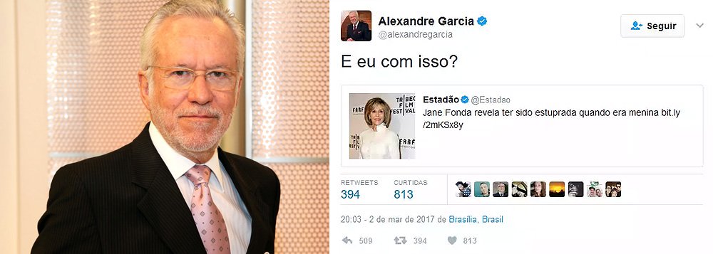 Em sua conta no Twitter, o comentarista de extrema-direita da Globo reagiu com um "E eu com isso?" à revelação da atriz americana Jane Fonda de que foi vítima de estupro quando era criança; declaração recebeu chuva de críticas; "Como porta-voz de uma ditadura responsável por torturar, estuprar e matar, @alexandregarcia, você não poderia ter dado outra resposta", disse o crítico de cinema Pablo Vilaça; "@alexandregarcia quando ela revela isso, ajuda a dar luz a este tipo de crime e ampliar o combate. Achei que fosse óbvio", rebateu a deputada federal Jandira Feghali (PCdoB-RJ)