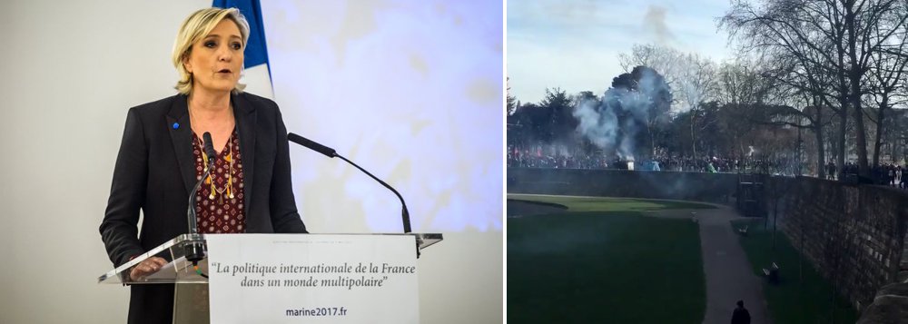 Tropa de choque da polícia francesa usou bombas e gás lacrimogênio para conter o protesto contra discurso líder da extrema-direita Marine Le Pen, neste domingo, 26, em Nantes; manifestantes, muitos com máscaras, lançaram bombas de fumaça e até coquetéis molotov contra policiais durante os protestos; durante os protestos muitos participantes gritavam "Todo o mundo odeia polícia!"; duas pessoas acabaram detidas para identificação e pelo menos um policial foi levado ao hospital com queimadura na perna, informou o jornal regional francês Ouest-France