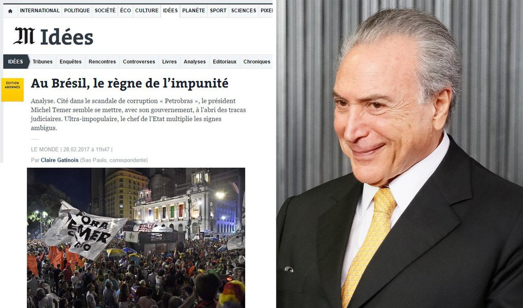 Edição desta terça-feira, 28, do jornal francêsl Le Monde destaca a impunidade que impera no Brasil sob o governo de Michel Temer; jornalista Claire Gatinois critica a blindagem de Temer a ministros envolvidos na operação Lava Jato e diz que o peemedebista "não para de dar sinais ambíguos", como a indicação de Alexandre de Moraes para o STF e a escolha de Osmar Serraglio para o Ministério da Justiça;  "Se formos ouvir os mais cínicos, tudo leva a crer que Temer já estaria esquentando a sua pizza quatro queijos", escreve a correspondente do Le Monde