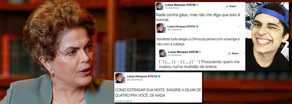 Um dos youtubers que receberão quase R$ 300 mil do governo Michel Temer para elogiarem a reforma do ensino médio, Lukas Marques é conhecido por divulgar de racismo, xenofobia, homofobia e misoginia em seus posts; "Como estragar sua noite: imagine a Dilma de quatro pra você. De nada", escreveu o jovem em sua conta no Twitter; youtuber apagou várias das ofensas, mas os prints sobrevivem na internet; confira 14 prints que mostram como pensa o novo garoto-propaganda do MEC