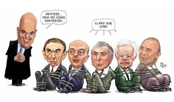  cartunista Aroreira registrou nesta quarta-feira, 22, a situação em torno da aprovação do nome de Alexandre de Moraes na Comissão de Constituição e Justiça do Senado, para integrar o Supremo Tribunal Federal; Moraes ainda terá que ser aprovado pelo plenário do Senado; votação ocrre nesta quarta-feira; a caminho da Suprema Corte pelas mãos de Michel Temer, Moraes disse que manterá "imparcialidade" e que "não deve favor político a ninguém", mas ninguém duvida que, no STF, estará a serviço de "estancar a sangria" da operação Lava Jato e suturá-la, de modo a preservar tucanos e peemedebistas das investigações