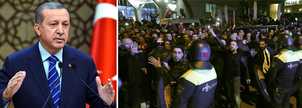 Turquia convocou o enviado da Holanda em Ancara para reclamar das ações da polícia de Roterdã contra manifestantes turcos durante o fim de semana, à medida que aumentam as tensões devido à campanha política de Ancara no exterior; presidente da Turquia, Tayyip Erdogan, disse que a Holanda está agindo como uma "república de banana" e deveria sofrer sanções por barrar ministros turcos de falaram em Roterdã; polícia holandesa usou cães e canhões d'água no domingo para dispersar centenas de manifestantes com bandeiras turcas do lado de fora do consulado do país em Roterdã