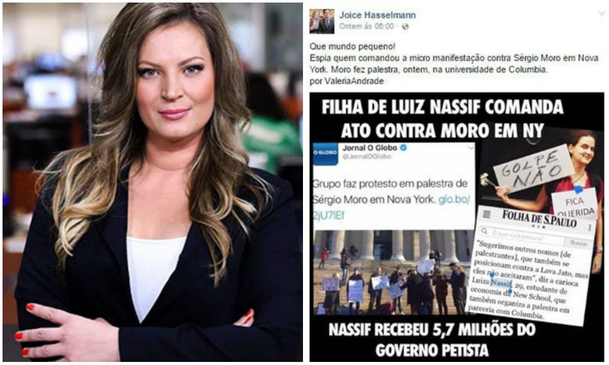 Jornalista Joice Hasselmann, ex-Veja, postou de modo provocativo – e sem checar – nota sobre participação de estudante homônima de Luiza Nassif em ato contra Moro em Nova York; Luiza Nassif, de 29 anos, estudante de Economia da New School, porém, era apenas uma homônima; a notícia falsa foi uma das origens de uma onda de ataques e ameaças desferidas por grupos da direita em redes sociais à filha de Nassif