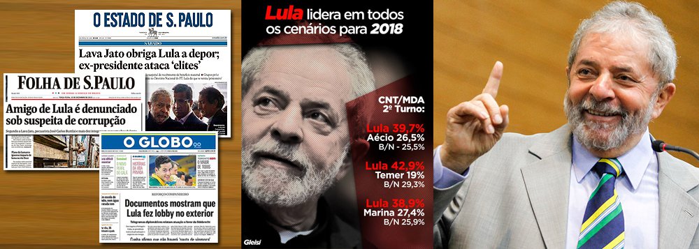 Há uma questão intrigante na praça: por que os três principais jornais do País decidiram não noticiar ou esconder a pesquisa CNT/MDA, que apontou a disparada do ex-presidente Lula na sucessão presidencial? Folha e Globo, por exemplo, ignoraram o assunto, enquanto o Estado de S. Paulo confinou o tema a um rodapé; a resposta talvez seja a incapacidade da mídia brasileira em destruir Lula, a despeito de uma campanha negativa que já dura vários anos; outro motivo para ignorar a pesquisa é a péssima imagem de Michel Temer, que só chegou ao poder graças ao apoio dos meios de comunicação; ou seja: o Brasil tem hoje uma imprensa que vai na direção oposta à dos anseios da população