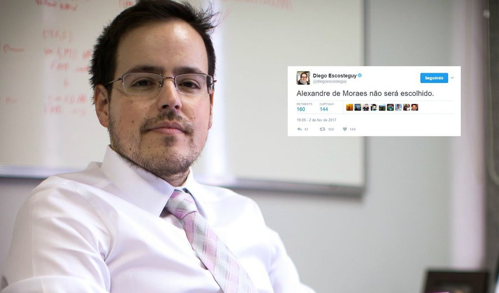 Em "barrigada" no Twitter, na última quinta-feira, 2, o jornalista Diego Escoteguy, chefe da revista da família Marinho, cravou: "Alexandre de Moraes não será escolhido"; quatro dias depois, Temer confirma a indicação do seu ministro da Justiça para integrar a Suprema Corte e ser o revisor da operação Lava Jato no STF; "Do mesmo autor da sentença 'Trump não será candidato a presidente dos Estados Unidos. Trata-se de uma lúdica distração'", disse o DCM sobre editor da Época