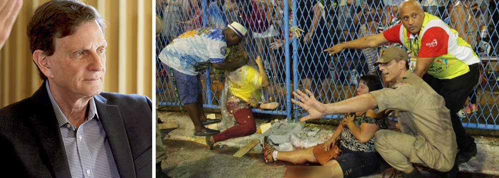 Prefeito Marcelo Crivella lamentou nesta segunda-feira (27), através de sua página no Facebook, o acidente ocorrido na noite de domingo (26), no qual um carro alegórico da Paraíso de Tuiuti desgovernado imprensou 20 pessoas contra o alambrado da Marquês de Sapucaí; Crivella visitou feridos no Hospital Miguel Couto e no Souza Aguiar; "Me certifiquei pessoalmente de que todas as providências foram tomadas para atender as vítimas", escreveu, acrescentando: "Quero tranquilizar a população e manifestar meu orgulho da nossa equipe médica e de todos os órgãos públicos envolvidos"