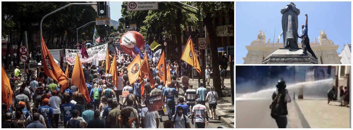 Centro do Rio de Janeiro virou praça de guerra na tarde desta quinta-feira 9, com disparos de bombas e coquetéis molotov; em meio ao caos, Rio poderá viver colapso na segurança, assim como o Espírito Santo; famílias de policiais querem impedir que eles saiam para o trabalho; população também protesta contra a venda da Cedae, imposta por Michel Temer para socorrer o governo de Luiz Fernando Pezão, também do PMDB, que foi cassado ontem pelo TRE; agências bancárias e lojas estão sendo depredadas; assista