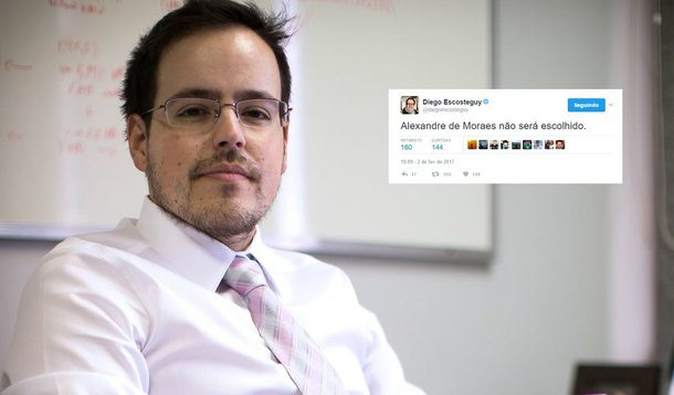 Em "barrigada" no Twitter, na última quinta-feira, 2, o jornalista Diego Escoteguy, chefe da revista da família Marinho, cravou: "Alexandre de Moraes não será escolhido"; quatro dias depois, Temer confirma a indicação do seu ministro da Justiça para integrar a Suprema Corte e ser o revisor da operação Lava Jato no STF; "Do mesmo autor da sentença 'Trump não será candidato a presidente dos Estados Unidos. Trata-se de uma lúdica distração'", disse o DCM sobre editor da Época
