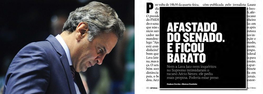 Reportagem deste fim de semana da revista Época destaca que a situação do senador Aécio Neves (PSDB) ainda é confortável depois da gravidade dos crimes por ele cometidos e revelados pelo empresário Joesley Batista, dono da JBS, em acordo de delação premiada; "A operação da semana passada arrasa a carreira de Aécio Neves. A Lava Jato mostrou que o ex-candidato à Presidência pelo PSDB, que tinha a imagem de derrotado por um PT turbinado pelo caixa dois da Odebrecht e outros, é um suspeito de crimes graves, que usava sua posição para atrapalhar investigações capazes de revelar seus crimes. O político de futuro está proibido de ir ao Senado. Por pouco não está preso", diz o texto