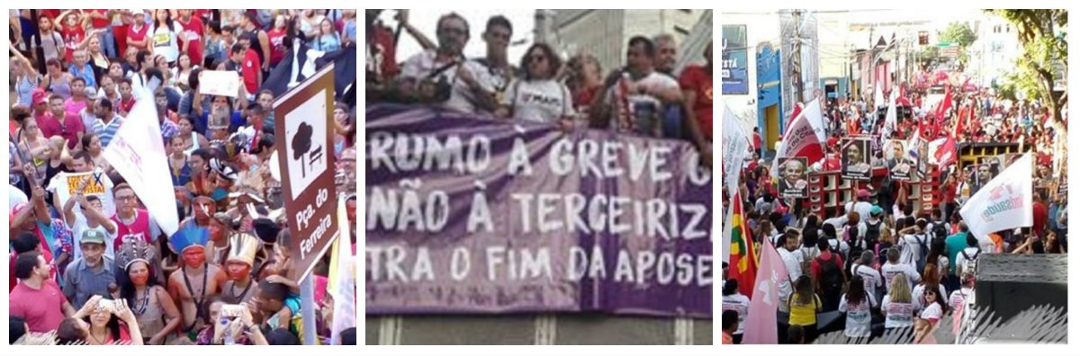 Cerca de 35 mil pessoas ocuparam ontem, o centro de Fortaleza, num grande ato de protesto contra o governo de Michel Temer e em defesa dos direitos dos trabalhadores. Ignorado pela grande mídia, esse foi um dos maiores atos organizados pelas centrais sindicais, partidos políticos pelas Frentes Brasil Popular e Povo Sem Medo, em Fortaleza. Com cartazes, faixas, apitos, performances e muitas palavras de ordem contra a Reforma da Previdência, a Reforma Trabalhista, a terceirização e em defesa da CLT, os manifestantes fizeram uma caminhada da Praça da Bandeira à Praça do Ferreira. Durante todo percurso o grito "Fora Temer" (veja o vídeo na materia) era a principal palavra de ordem