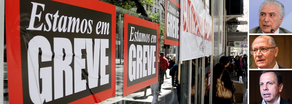 "É revelador do que se vem dizendo aqui há dias: o movimento grevista tomou corpo e há uma imensa preocupação no casal Temer-PSDB com sua repercussão", diz o jornalista Fernando Brito, do Tijolaço, sobre a greve geral desta sexta-feira, 28, que deve paralisar o Brasil; Brito destaca que Michel Temer anunciou corte de ponto, o governador Geraldo Alckmin foi à Justiça para impedir que metroviários e ferroviários e o prefeito João Doria contratou táxis para levar os funcionários da Prefeitura paulistana ao trabalho