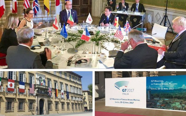 G7 (grupo formado por Alemanha, Estados Unidos, Itália, Canadá, França, Japão e a União Europeia) rejeitaram  impor novas sanções à Rússia por conta do apoio de Moscou ao presidente sírio Bashar al-Assad; proposta, apresentada pelo chanceler britânico, Boris Johnson, foi rejeitada "por falta de consenso", segundo o ministro de Relações Exteriores da Itália, Angelino Alfano; "No momento, não se conseguiu um consenso para novas sanções como instrumento efetivo", afirmou