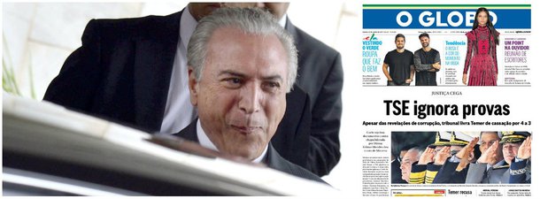 Em capa editorializada, jornal dos irmãos Marinho condena com veemência a decisão do Tribunal Superior Eleitoral que absolveu Michel Temer; Globo lembrou que tribunal "desprezou as provas" e chamou TSE de "justiça cega"; em texto analítico sobre o processo, veículo avalia que "decisão do TSE não deixa Temer mais forte, mas prolonga sua agonia"; "Apesar das acusações graves contra o presidente, ficou mais difícil a sua queda", diz, lembrando que, "fechada a porta da cassação pela Justiça, os caminhos que restam para tirá-lo do Palácio do Planalto são mais longos e tortuosos - e, ao menos por enquanto, estão interditados"