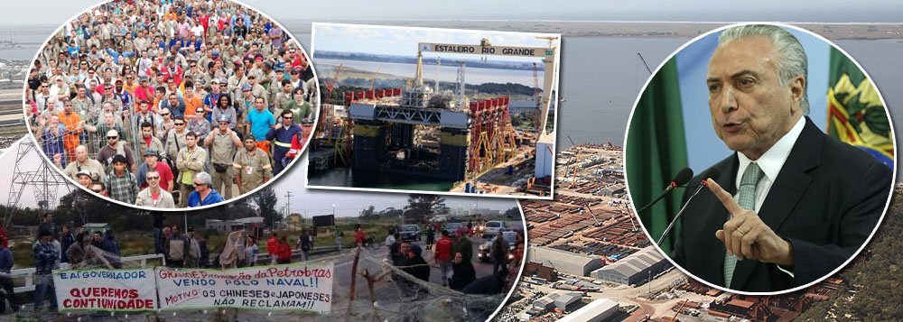 O golpe parlamentar que arruinou a economia e a imagem do Brasil e alçou Michel Temer ao Poder, e os efeitos da operação Lava Jato causaram estrago gigantesco no polo da indústria naval do Rio Grande do Sul; juntos, os três estaleiros gaúchos QGI, Rio Grande e EBR empregavam 23 mil pessoas em 2013; hoje, o contingente é de 3,1 mil trabalhadores empregados e as construções em curso terminam no primeiro trimestre de 2018, o que significa mais demissões em breve; "A cidade sentiu-se convidada a embarcar em um projeto industrial de 30 ou 40 anos", diz, desapontado, o prefeito de Rio Grande, Alexandre Lindenmeyer (PT); dispensas no polo naval provocaram efeito cascata no comércio local e serviços. A arrecadação de impostos caiu e a criminalidade aumentou