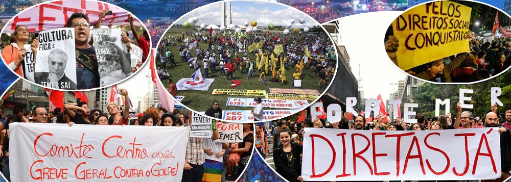 Lideranças de centrais sindicais decidiram após reunião em São Paulo pela realização de uma grande marcha da classe trabalhadora em Brasília no próximo dia 24 de maio, "contra os projetos de reforma trabalhista e previdenciária e a terceirização generalizada"; nas próximas terça-feira (16) e quarta-feira (17), os manifestantes prometem fazer um "corpo a corpo nos aeroportos e reuniões com os deputados e senadores nos Estados", além de visitar os parlamentares e líderes partidários no Congresso, para pressioná-los a votarem contra as propostas do governo Temer, que retiram direitos dos trabalhadores e rasgam a CLT; na capital federal, será montada uma Tenda da Resistência, em vigília durante a votação