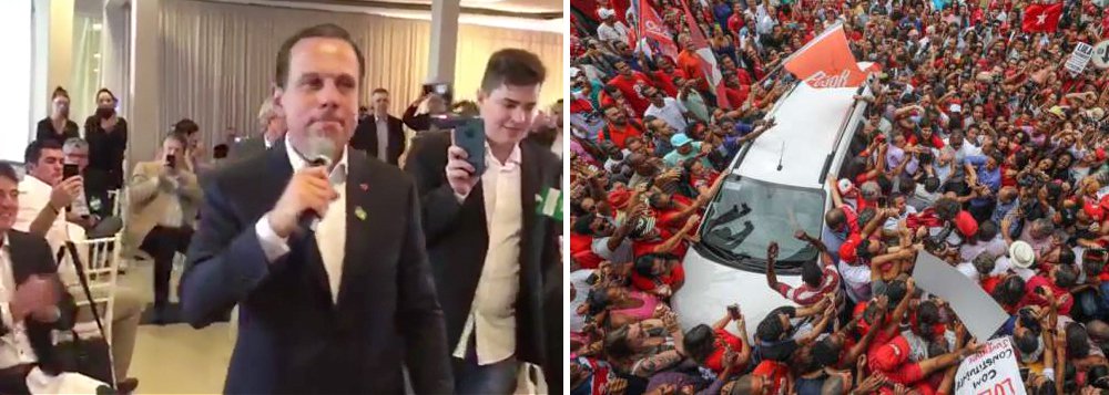 Jornalista Joaquim de Carvalho retrata, no Diário do Centro do Mundo, a diferença da recepção do prefeito de São Paulo, João Doria, em Fortaleza, com a do ex-presidente Lula na Bahia; enquanto o tucano deu uma palestra a empresários sobre gestão, depois de ter perdido seu quarto secretário em menos de oito meses, Lula foi cercado pelo povo na sua chegada ao Recôncavo Baiano, destaca
