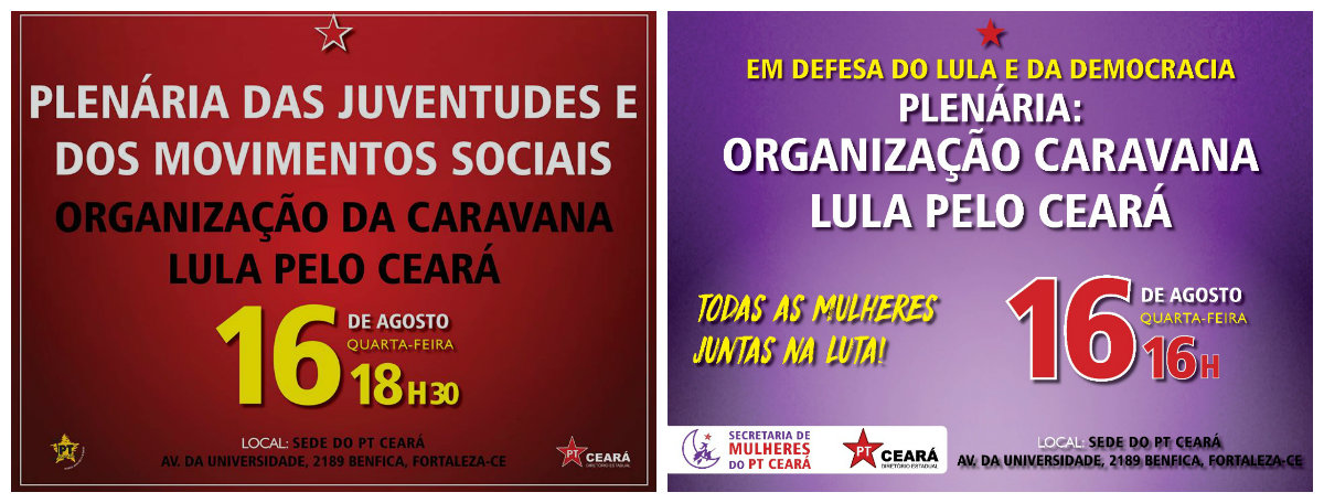 O presidente do PT Ceará, Fco. de Assis Diniz, reúne na tarde de hoje, representantes dos movimentos sociais de mulheres e de juventude para discutir a participação desses segmentos na "Caravana Lula pelo Nordeste". Lula deverá estar no Ceará nos dias 29 e 30 de agosto, com atividades agendadas para os municípios de Quixadá e Crato
 
 