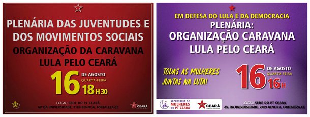 O presidente do PT Ceará, Fco. de Assis Diniz, reúne na tarde de hoje, representantes dos movimentos sociais de mulheres e de juventude para discutir a participação desses segmentos na "Caravana Lula pelo Nordeste". Lula deverá estar no Ceará nos dias 29 e 30 de agosto, com atividades agendadas para os municípios de Quixadá e Crato
 
 
