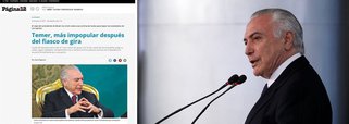 Matéria publicada nesta segunda-feira (26) pelo jornal argentino Página 12 destaca a crescente impopularidade de Michel Temer; diário avalia que a viagem que Temer fez acabou não servindo como uma cortina de fumaça para encobrir os escândalos de corrupção em que se encontra envolvido; noticiário observa ainda que esta pesquisa colocou o PT como a força mais popular no país