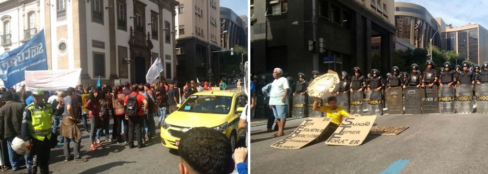Servidores fazem protesto em frente à Assembleia Legislativa (Alerj) no dia em que o pacote de austeridade de autoria do governo do Rio de Janeiro volta à pauta; o governador Luiz Fernando Pezão (PMDB) já havia apresentado o projeto em 2016, com a justificativa de tentar conter a crise do estado, prevendo o aumento da contribuição previdenciária de 11% para 14%; os manifestantes bloquearam a Rua 1º de Março, em frente à Alerj, impedindo a circulação de veículos; a região está fortemente policiada