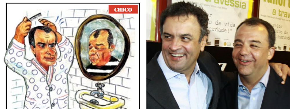 O cartunista Chico Caruso publicou nesta segunda, na capa do jornal O Globo, uma charge em que mostra o senador afastado Aécio Neves (PSDB-MG) se olhando no espelho e vendo o retrato do ex-governador do Rio Sérgio Cabral, hoje na cadeia após diversas denúncias de corrupção