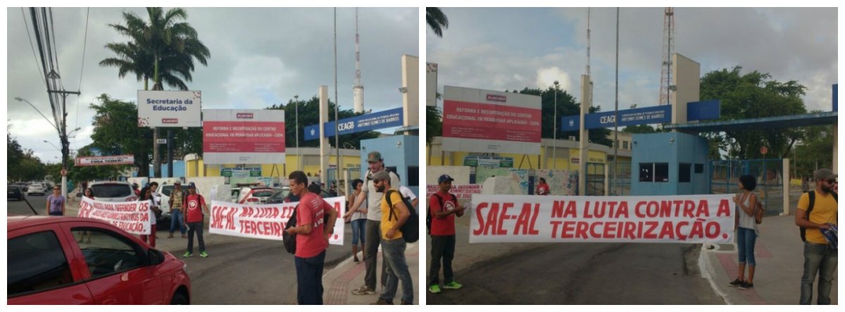 Ato público organizado pelas centrais sindicais fechou o a entrada principal do Centro Educacional de Pesquisas Aplicadas (Cepa), no bairro do Farol, em Maceió; ação faz parte do Dia Nacional de Luta programado pela Central Única dos Trabalhadores (CUT), movimentos sociais e do campo; objetivo é lutar contra os projetos de terceirização, já aprovado no Congresso Nacional, e da reforma da Previdência Social