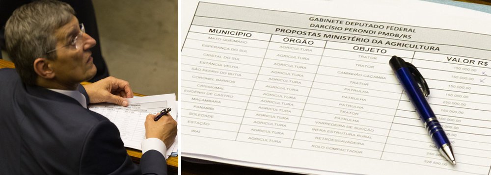 Fotógrafo Lula Marques flagra, no plenário da Câmara, o deputado Darcísio Perondi (PMDB-RS), vice-líder do governo e um dos principais aliados de Temer, conferindo no painel a presença dos deputados e batendo com uma lista de valores do Ministério da Agricultura; no documento em sua pasta, constam os campos "município", "órgão", "objeto" e "valor"; "Teve ou não compra de votos?", questionou Lula Marques