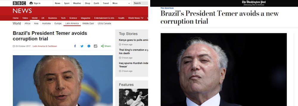 Resultado da votação da Câmara que arquivou a segunda denúncia contra Michel Temer provocou uma reação de espanto na mídia internacional. Veículos de comunicação de diversos países repercutirem a votação afirmando que Temer se safou" apesar da impopularidade "abismal", além de "negociações frenéticas" e diretas para cooptar parlamentares por meio de emendas e cargos; segundo o inglês The Guardian, "o presidente impopular do Brasil evitou julgamento por corrupção" apesar de ostentar " taxas de aprovação abismais", sendo reprovado por mais de 90% da população; para o espanhol El País, as acusações contra o peemedebista "dão um livro" 