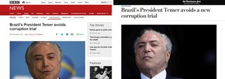 Resultado da votação da Câmara que arquivou a segunda denúncia contra Michel Temer provocou uma reação de espanto na mídia internacional. Veículos de comunicação de diversos países repercutirem a votação afirmando que Temer se safou" apesar da impopularidade "abismal", além de "negociações frenéticas" e diretas para cooptar parlamentares por meio de emendas e cargos; segundo o inglês The Guardian, "o presidente impopular do Brasil evitou julgamento por corrupção" apesar de ostentar " taxas de aprovação abismais", sendo reprovado por mais de 90% da população; para o espanhol El País, as acusações contra o peemedebista "dão um livro" 