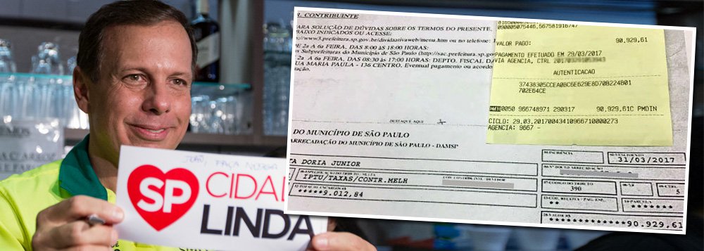 O prefeito João Doria (PSDB) contestou a cobrança de uma alíquota progressiva no IPTU de sua mansão, de 3.042 m², nos Jardins, e entrou na Justiça para não pagar parte do imposto. Perdeu e, este més, foi parar no cadastro de devedores do Fisco Municipal. Alertado, saiu correndo para pagar. "O castigo vem a cavalo", diz o jornalista Fernando Brito, do Tijolaço