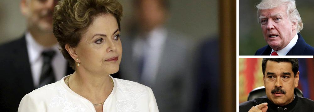 Em uma entrevista para a televisão internacional, a presidente deposta Dilma Rousseff foi categórica ao analisar a ameaça de intervenção na Venezuela feita por Donald Trump: seria criminoso e extremamente prejudicial à região; "Nós somos um continente que vive há mais de 140 anos em paz. Qualquer tentativa de interromper o processo legal e constitucional na Venezuela, antecipando eleições ou tentando outras formas quaisquer, para mim, é algo extremamente perigoso. Dará guerra civil. Não será aceito pacificamente pelo governo sair, entregar o poder à oposição”, avalia a petista