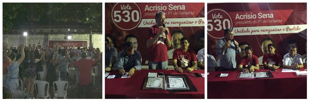 Durante o lançamento oficial de sua candidatura à presidência do PT de Fortaleza o vereador Acrísio Sena criticou o grupo que dirige o partido há dez anos, na capital e disse que suas principais tarefas são reconstruir o PT com todas as forças e todas as correntes; fazer com que o partido se reencontre com os movimentos sociais e volte ao seu leito natural, que é a luta cotidiana com o povo, na cidade de Fortaleza e construir um palanque forte para o Lula em Fortaleza, em 2018. O lançamento da candidatura do vereador foi na noite desta segunda-feira, na sede estadual do partido, uma vez que a sede municipal está fechada