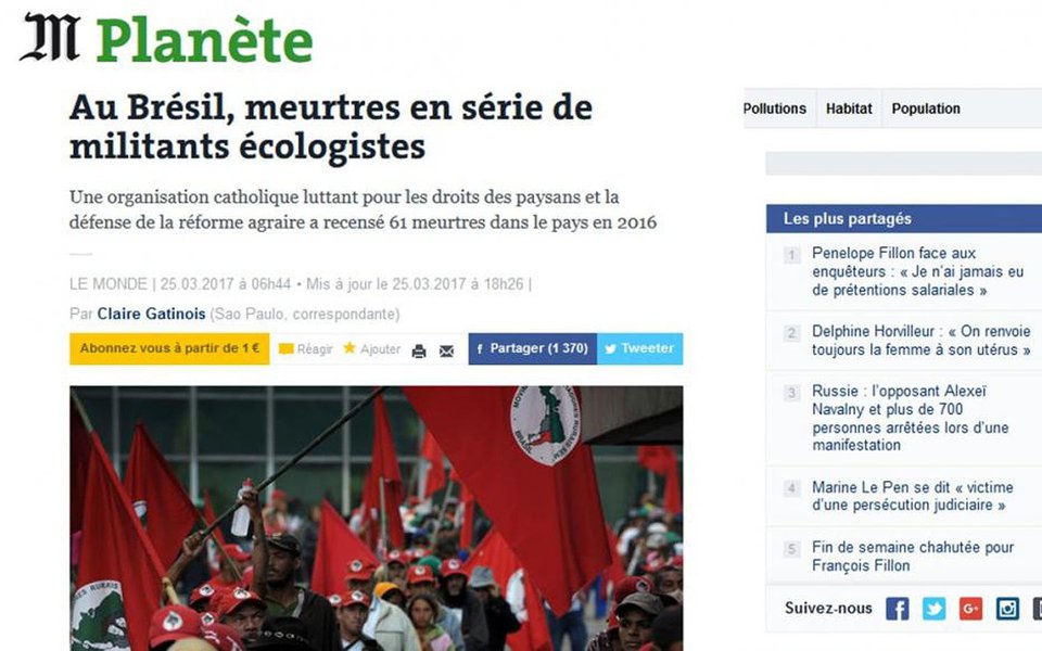 Jornal francês Le Monde publicou reportagem destacando o assassinato de 61 militantes militantes ecologistas e defensores dos direitos humanos foram mortos apenas em 2016; texto traz dados da Ong Global Witness, que afirma que 207 militantes ecologistas e defensores dos direitos humanos foram assassinados no Brasil entre 2010 e 2015: “um recorde mundial”, analisa o jornal francês
