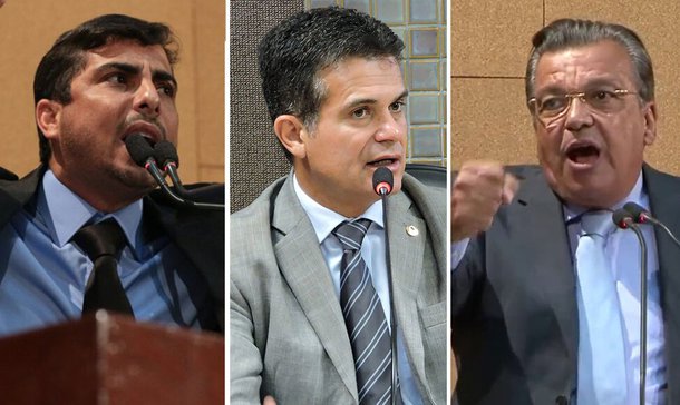 Os deputados estaduais Marcell Moraes (à esquerda) e Targino Machado (à direita) prometem fazer representação contra o colega Eduardo Salles (no centro da imagem) no Conselho de Ética e Decoro Parlamentar da Assembleia Legislativa da Bahia; Marcell e Salles iniciaram uma discussão no plenário e, segundo relatos dos próprios deputados, o progressista teria tentado dar um soco no verde, versão endossada por Targino, que acabou se envolvendo na confusão; "Vamos colocar ele no Conselho de ética para perder o mandato. Falta de decoro parlamentar", disse Marcell; Targino afirmou que o caso não pode passar em branco; "Salles partiu para cima de Marcell. É covardia"; Eduardo Salles nega a suposta agressão física; "Ele (Marcell) entra e eu vou me defender tranquilamente. Não tem problema"