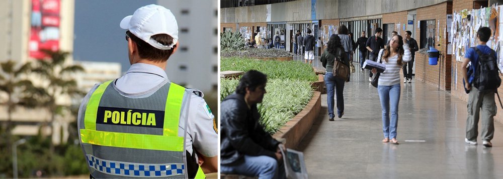 A presença da PM-DF na Universidade de Brasília (UnB) tem amedrontado vários estudantes que veem a iniciativa como invasão à privacidade de jovens e reclamam de falta de diálogo com a reitoria; militares argumentam que é preciso combater violência e o consumo drogas; pichações e grafites com suposta apologia às drogas também foram apagadas, pintadas de cinza, o que levou a reitora Márcia Abrahão a ser chamada de "Márcia Dória"; relatos são de que a PM prende e é violenta, não tratando universitários com a dignidade merecida