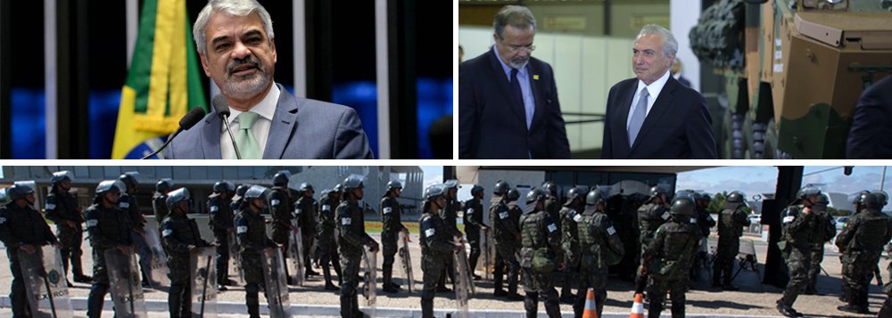 Líder da Oposição no Senado, Humberto Costa (PT-PE), considerou desastrosa a ação de Garantia da Lei e da Ordem (GLO) decretada por Michel Temer em Brasília e revogada menos de 12 horas depois; "Foi um erro colossal, que denunciamos desde a primeira hora, estabelecer um estado de exceção em Brasília por conta de uma manifestação contra o governo. Temer se mostrou um tresloucado e seu ministro da Defesa, Raul Jungmann (PPS-PE), um completo irresponsável", disparou; "Temer, mal assessorado por Jungmann, foi protagonista de mais um episódio patético. Seu governo é uma espécie de elenco de Os Trapalhões. Jungmann nunca teve atributo nem para chefe de Guarda Municipal, imagine para ministro da Defesa", ironizou