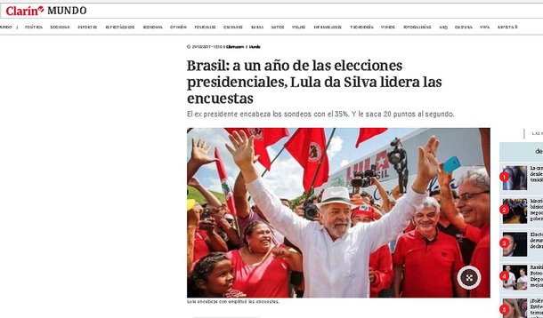 Reportagem do jornal argentino Clarín destacou a pesquisa Ibope contratada pelo Globo, e diz o ex-presidente Lula lidera "com muita diferença" em relação aos concorrentes a preferência dos brasileiros para a eleição presidencial de 2018; Os números obtidos permitem a Lula alcançar mais de 20 pontos de diferença com o "deputado ultradireitista e ex-militar" Jair Bolsonaro, destaca o jornal; Bolsonaro ficaria em segundo lugar na eleição, de acordo com a pesquisa