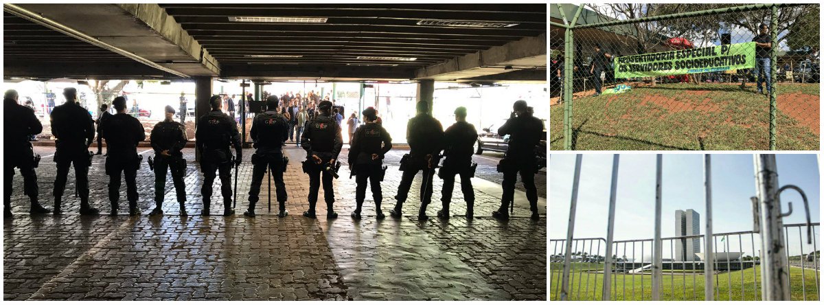 Prédio da Câmara dos Deputados foi cercado pela Polícia Militar, agentes da Força Nacional e da Polícia Legislativa, que tentam impedir a entrada de agentes penitenciários em protesto contra a votação da reforma da Previdência, que acontece na Comissão Especial da Casa; foi iniciada a evacuação; na semana passada, agentes penitenciários entraram no plenário da Comissão e conseguiram adiar a votação da proposta do governo Temer; Congresso Nacional amanheceu cercado de grades nesta terça; durante à tarde, manifestantes contrários às reformas tentaram invadir o prédio da Câmara