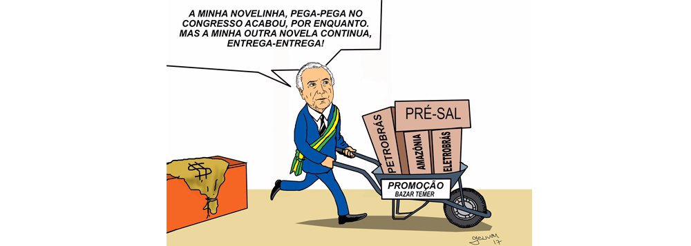 Em nova charge sobre o cenário político brasileiro, o cartunista Geuvar mostra como Temer irá recompensar os deputados que o salvaram da segunda denúncia oferecida contra ele na Câmara dos Deputados; depois da novela do pega-pega (em referência à trama de mesmo nome exibida pela Rede Globo), chegou a hora do "entrega-entrega", na qual Temer vai rifar o pré-sal, a Eletrobras, a Petrobras e outros recursos brasileiros como prêmio a quem o livrou de ser investigado