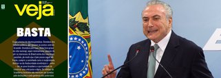 Michel Temer, rejeitado por 92% dos brasileiros, perdeu mais um de seus pilares de sustentação; depois da Globo, que pediu, em editorial, a sua renúncia, a revista Veja, da Editora Abril, também exigiu um basta; ainda que não tenha publicado a foto de Temer, nem a de Aécio Neves, outro aliado que caiu em desgraça, a capa de Veja significa também um pedido de renúncia; na mensagem de capa, a revista pede "grandeza" dos homens públicos para que coloquem os interesses nacionais acima de seus interesses nacionais; Temer só não renunciou até agora porque precisa do foro privilegiado para se proteger das acusações de corrupção e obstrução judicial; golpismo desmorona em praça pública