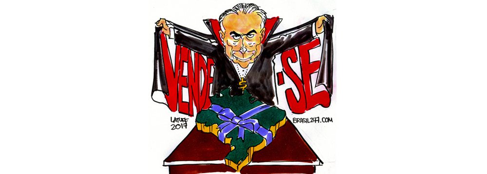 
Na charge de Carlos Latuff, o novo programa de privatizações de Temer, que, mesmo sem voto, coloca o Brasil a venda e inclui no pacote até a Casa da Moeda; depois da Eletrobras, o governo anunciou nesta quarta-feira a privatização ainda da Lotex, além de colocar em leilão o aeroporto de Congonhas (SP) e uma série de outros projetos de infraestrutura
