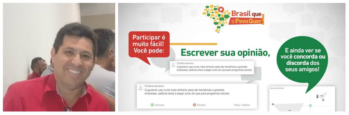 O presidente do PT Ceará, Fco. de Assis Diniz, marcou para o próximo dia 20 de novembro, o lançamento estadual da plataforma digital "Brasil que o Povo Quer"; o lançamento será em Fortaleza, com a presença do presidente da Fundação Perseu Abramo, Márcio Pochmann, responsável pela gestão da ferramenta digital; essa iniciativa pretende fazer da plataforma um espaço onde qualquer pessoa poderá opinar, enviar propostas ou debater sobre as propostas enviadas por internautas, com o objetivo de construir, de forma participativa, um projeto para o Brasil
 